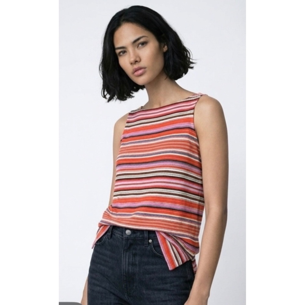 J. Jill Striped Tank Top Womens Medium Orange Pink‎ Cotton Excellent Sleeveless